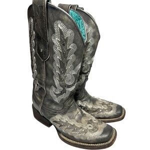 Corral Vintage Western Boots Women's 6.5M Gray Embroidered Square Toe 43535